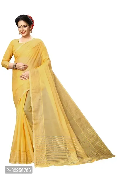 Stylish Yellow Cotton Silk Solid Saree with Blouse piece For Women-thumb0