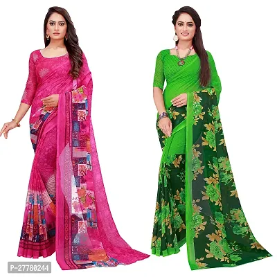 Stylish Georgette Multicoloured Printed Saree With Blouse Piece For Women Pack Of 2-thumb0