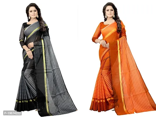 Women Stylish Cotton Silk Striped Saree with Blouse piece-thumb0