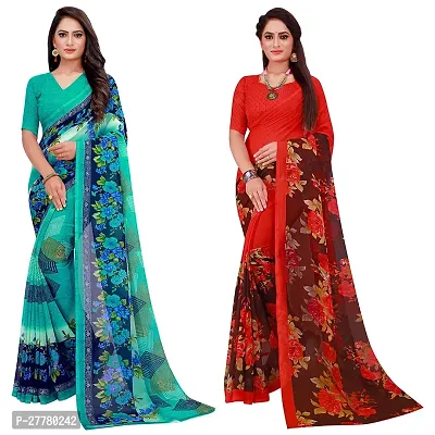 Stylish Georgette Multicoloured Printed Saree With Blouse Piece For Women Pack Of 2-thumb0