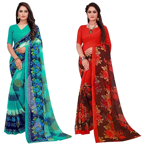 Stylish Fancy Georgette Saree With Blouse Piece Combo For Women Pack Of 2