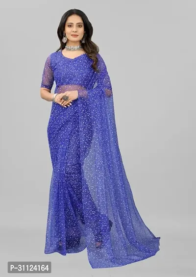 Beautiful Net Blue Woven Design  Saree with Blouse piece For Women