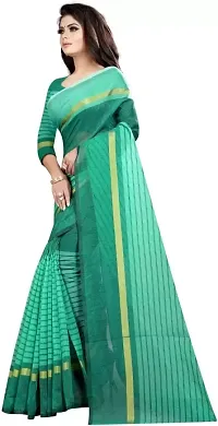 Stylish Green Cotton Silk Striped Saree with Blouse piece For Women-thumb1