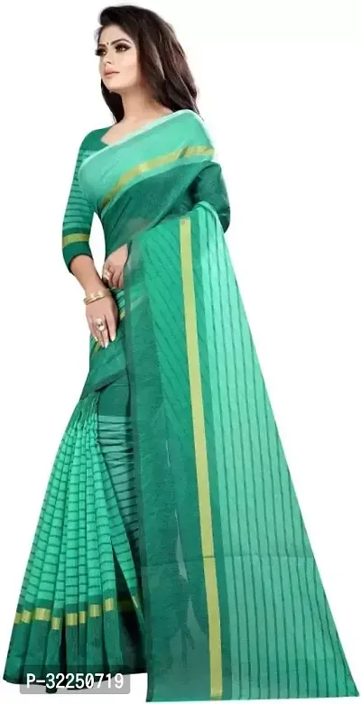 Stylish Green Cotton Silk Striped Saree with Blouse piece For Women-thumb2