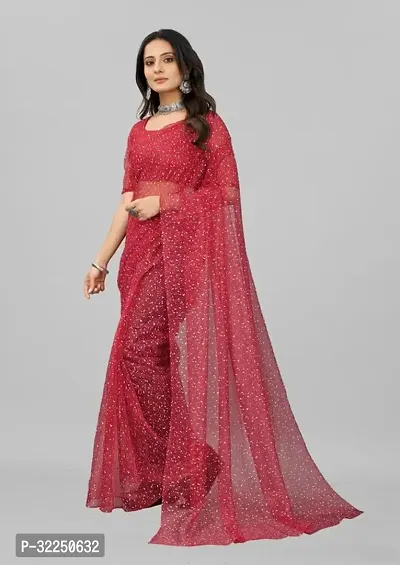 Stylish Red Net Saree with Blouse piece For Women-thumb2