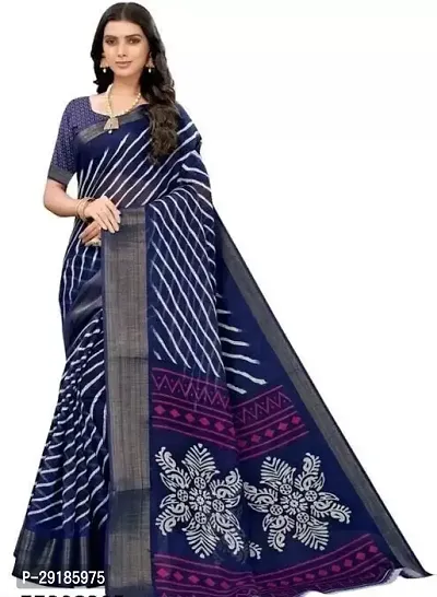 Stylish Navy Blue Cotton Silk Saree With Blouse Piece For Women-thumb0