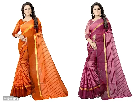 Women Stylish Cotton Silk Striped Saree with Blouse piece