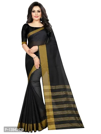 SAADHVI Women's Black Cotton Silk Striped Print Saree(FL-IF-MonicapalluBlack,Free Size) | Free Size