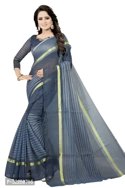 Stylish Grey Cotton Silk Striped Saree with Blouse piece For Women-thumb0