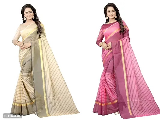 Women Stylish Cotton Silk Striped Saree with Blouse piece-thumb0