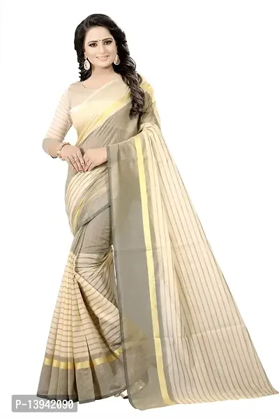 SAADHVI Women's Cream Cotton Silk Striped Saree With Blouse(FL-IF-Rustom Cream) | Free Size-thumb0