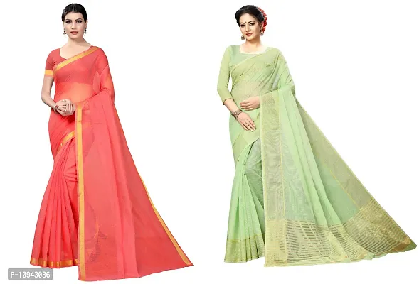 Stylish Cotton Blend Saree With Blouse Piece For Women Pack Of 2