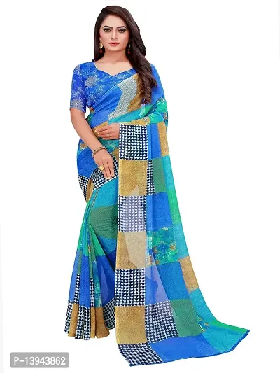 SAADHVI Women's Multicolor and Blue Georgette Block Print Printed Saree With Unstithed Blouse(FL-Georgette01, Free Size) | Free Size