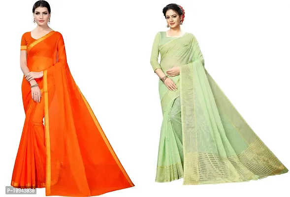 Stylish Cotton Blend Saree With Blouse Piece For Women Pack Of 2