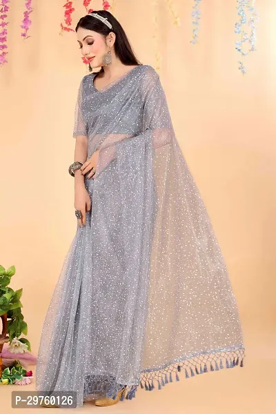 Stylish Grey Net Saree with Blouse piece For Women-thumb2