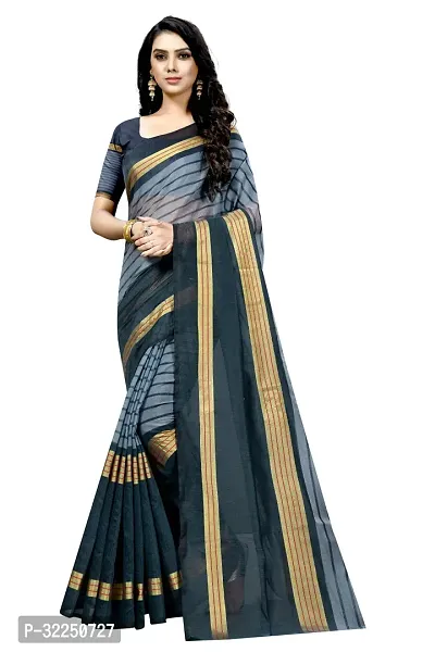 Stylish Grey Cotton Silk Striped Saree with Blouse piece For Women-thumb0