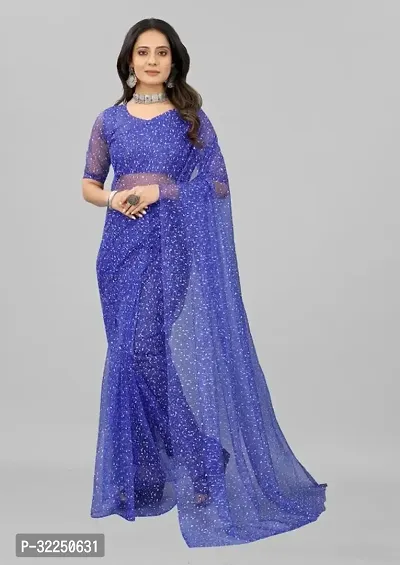 Stylish Blue Net Solid Saree with Blouse piece For Women-thumb0