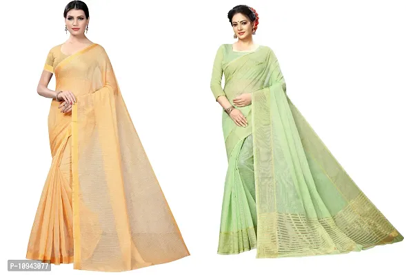 Stylish Cotton Blend Saree With Blouse Piece For Women Pack Of 2