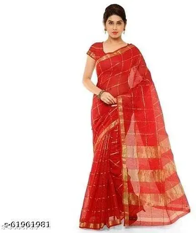 Generic Women's Kota Doria Cotton Saree With Blouse (Red,6-3 Mtrs)-PID31716