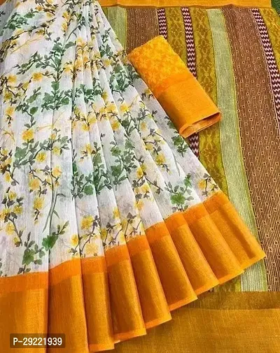 Cotton Silk Printed Zari Border Saree with Blouse Piece