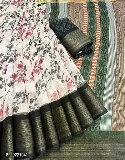 Cotton Silk Printed Zari Border Saree with Blouse Piece