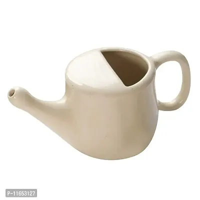Leak Proof Durable Ceramic Jala Neti Pot with Nostril Plugging Support ? Better Capacity - Holds 300 ml ? Spill Proof with Comfort Grip - Lead-Free and Microwave and Dishwasher Safe - Cream