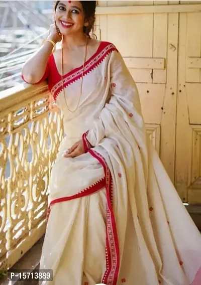 WHITE KHADI SAREE WITH RED BORDER-thumb0