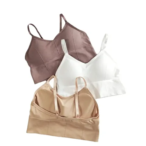 DIKKLATE Women Padded Wire Free Sports Bra Fitness Yoga Free Size (Pack of 3), Size (28-32) (Brown-White-Beige)