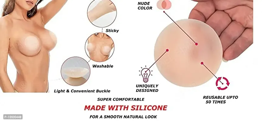 DIKKLATE Pasties Silicone-Women's Reusable Nipple Cover - Silicone Nipple Cover Bra Pad - Adhesive Reusable Nipple Pads - Thin Silicone Nipple Cover Pasties(Free-Size) (Beige) (Free Size Pack of 4)-thumb2