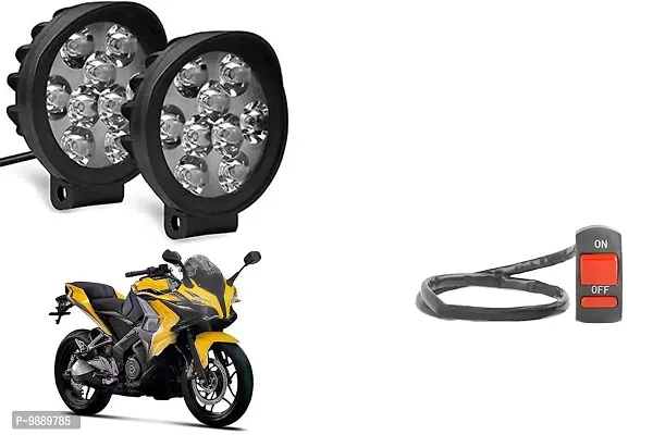 PremiumWaterproof 9 Round Cap LED Fog Light Head Lamp for Bajaj Pulsar SS400, Set of 2, Free On Off Switch-thumb0