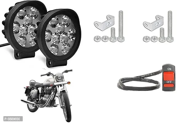 PremiumWaterproof 9 Round Cap LED Fog Light Head Lamp for Royal Enfield Bullet 350, Set of 2, Free On Off Switch-thumb0