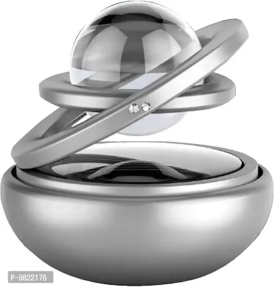 Premium Car Air Freshener Double Ring with Crystal Ball Solar Energy 360&deg; Revolving Refillable Aromatherapy Diffuser Scented Perfume Fragrance Silver