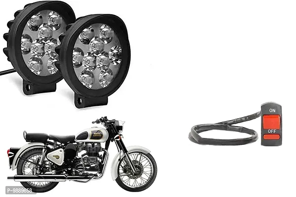 PremiumWaterproof 9 Round Cap LED Fog Light Head Lamp for Royal Enfield Classic 350, Set of 2, Free On Off Switch