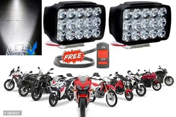 Waterproof 15 LED Fog Light Head Lamp for All Bikes and Scooters (Set of 2, Free On/Off Switch)