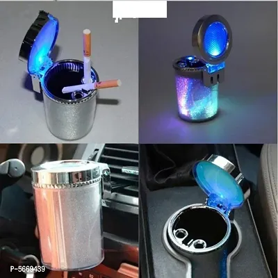 Diamond cut surface Designer Cigarette Car Ash Tray/Ashtray Rainbow Colors Fire Proof Chrome color with Blue LED Light Smokeless Cigarette All Car Models Home Office (Silver)-thumb4