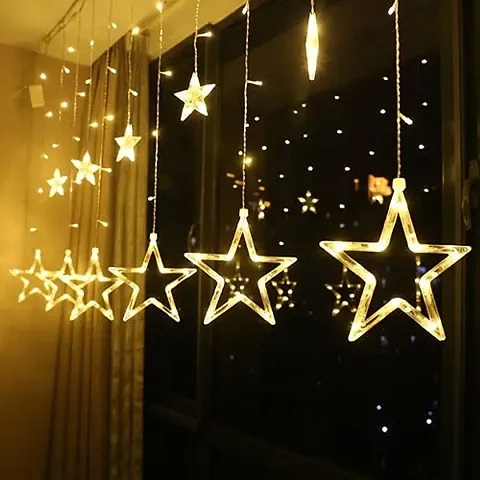 10 Stars Plastic Star Curtain String Lights 5 Big Star 5 Small Star with 8 Modes Lights,Star LED Net Curtain Decorative String Lights, Diwali Lights||Christmas (Yellow)