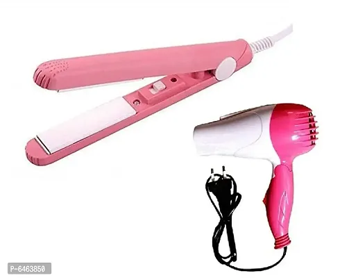 Combo of Hair Dryer NV-1290 (1000W, Pink and White) and Hair Straightener Mini Straightener