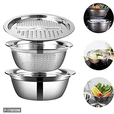 3 In 1 Stainless Steel Basin Grater Colander With Lids Kitchen Salad Mixing Bowls With Strainers Cheese cutter. Slicer Basket For Vegetables Fruit Rice Food Washing Shredding Set For Cooking.