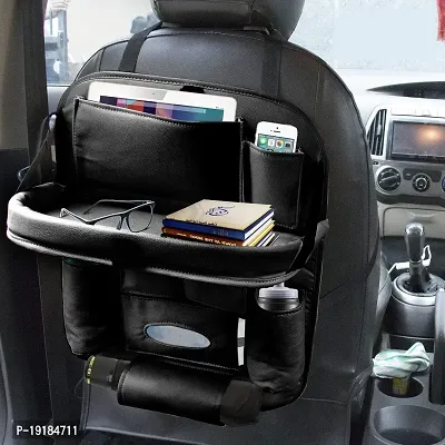 PU Leather Auto Car Seat Back Organizer with Foldable Dining Table Tray, Multipocket Storage Tablet, Bottle and Tissue Paper Holder_Black (With Tray)