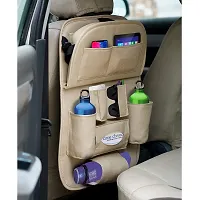 Universal PU Leather Car Backseat Organizer with Foldable Dining Table Tray Waterproof Back Seat Storage Pockets with Tablet, Mobile, Bottle, Tissue Box and Umbrella Holder (Beige)-thumb3