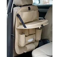 Universal PU Leather Car Backseat Organizer with Foldable Dining Table Tray Waterproof Back Seat Storage Pockets with Tablet, Mobile, Bottle, Tissue Box and Umbrella Holder (Beige)-thumb2