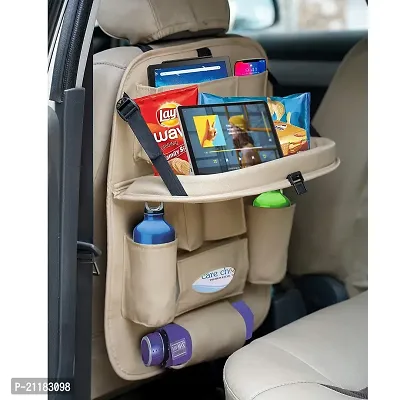 Universal Car Back Seat Organiser with Folding Dining Table Tray, Ipad Holder, Mobile Holder, Multi Pocket Storage (Beige)-thumb0