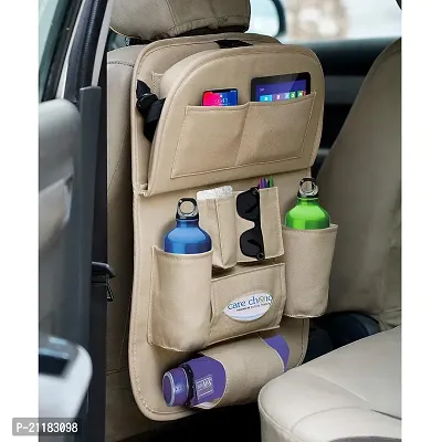 Universal Car Back Seat Organiser with Folding Dining Table Tray, Ipad Holder, Mobile Holder, Multi Pocket Storage (Beige)-thumb2