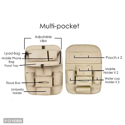Universal Car Back Seat Organiser with Folding Dining Table Tray, Ipad Holder, Mobile Holder, Multi Pocket Storage (Beige)-thumb3