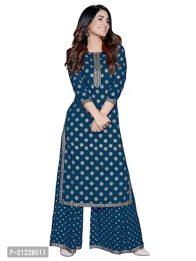 Estela Women's Rayon Foiled Straight Kurta Palazzo Set (S, Teal)