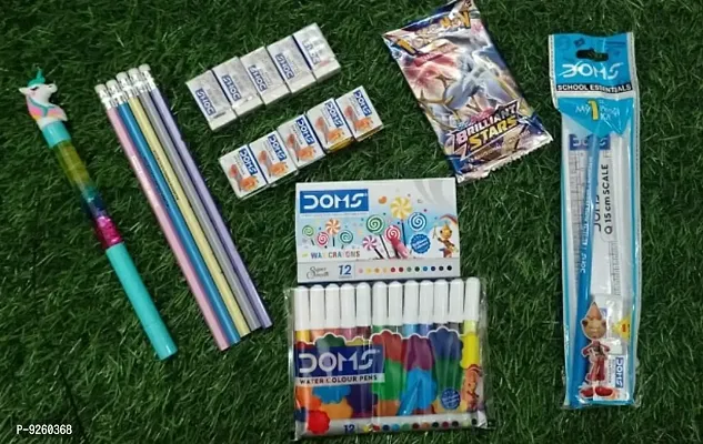 5 PENCIL/5 ERASERS/5 SHARPNER/1 UNICON PEN/ 1 SKETCH SMALL/1 CARYON SMALL/1 SMALLKIT /1 POKEMON CARD FREE ALL ITEMS BRAND RANDOMELY COMBO OF 23