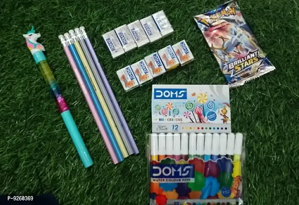 5 ERASERS/5 SHARPNER/5 PENCIL/1 UNICON PEN/ 1 DOMS SKETCH SMALL/1 DOMS CRAYON/1 POKEMON CARD FREE ALL ITEMS BRAND RANDOMELY