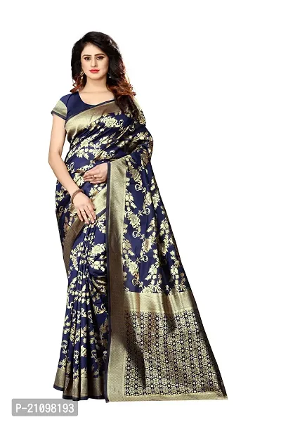 Stylish Silk Blend Navy Blue Woven Design Saree with Blouse piece