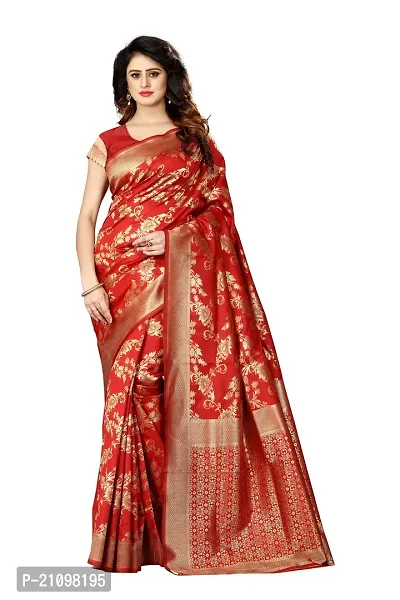 Stylish Silk Blend Red Woven Design Saree with Blouse piece