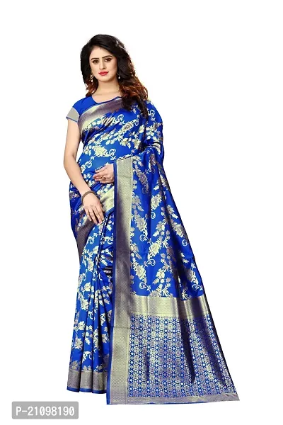 Stylish Silk Blend Blue Woven Design Saree with Blouse piece
